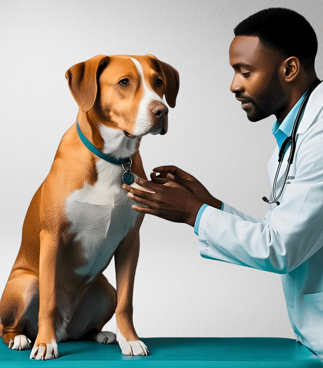 Veterinário atendendo um cachorro durante consulta em clínica veterinária moderna, demonstrando o atendimento profissional e acolhedor que deve ser destacado no marketing para clínica veterinária eficaz. Cuidado personalizado e ambiente adequado são diferenciais competitivos essenciais.